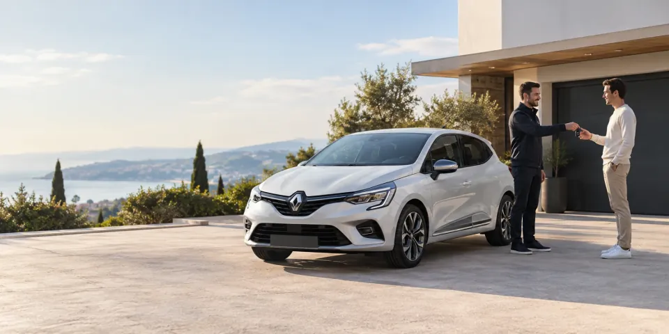 Remise des clés d'une voiture neuve devant le domicile du client